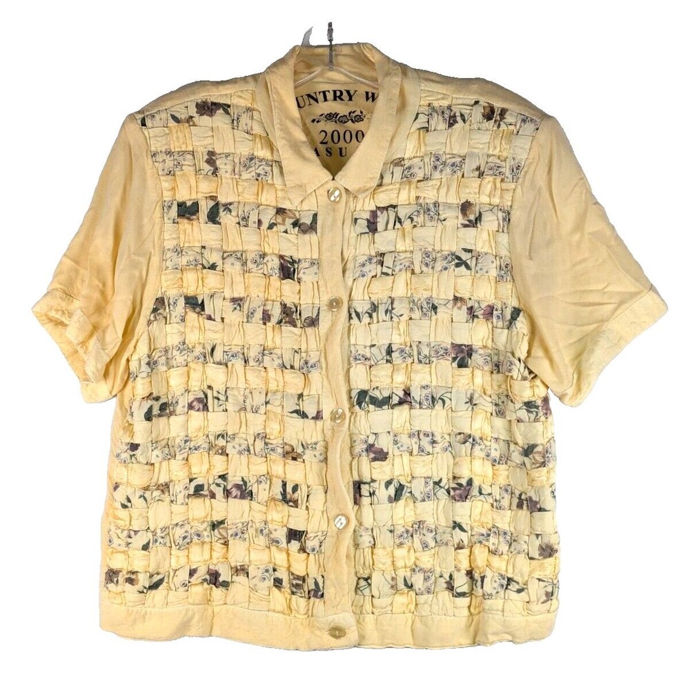 VTG Country Wear Button Up Shirt Yellow L Basketweave Grannycore Cottagecore